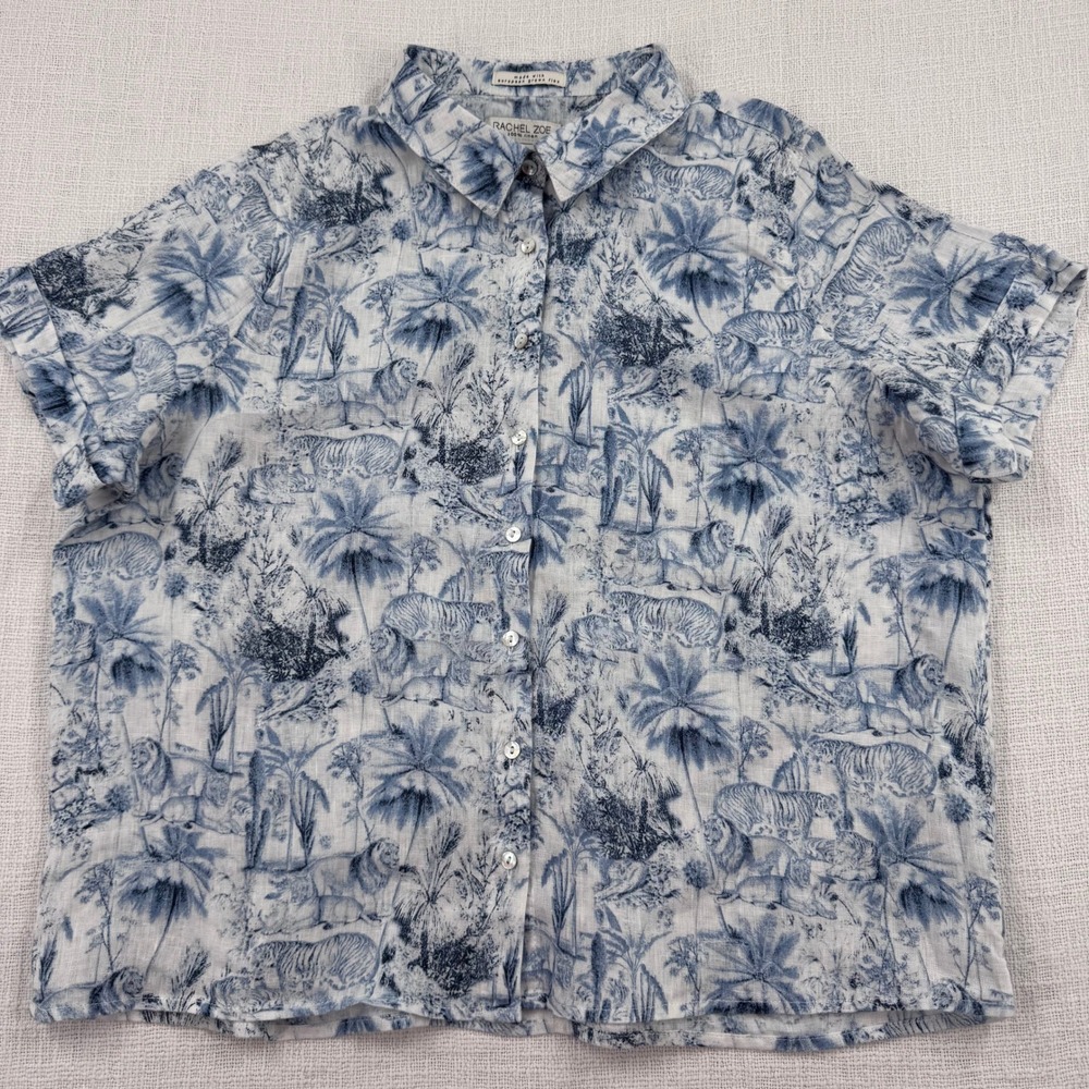 Rachel Zoe 100% Linen Blue White Toile Jungle Print Button Down Women's Large - Picture 2 of 9